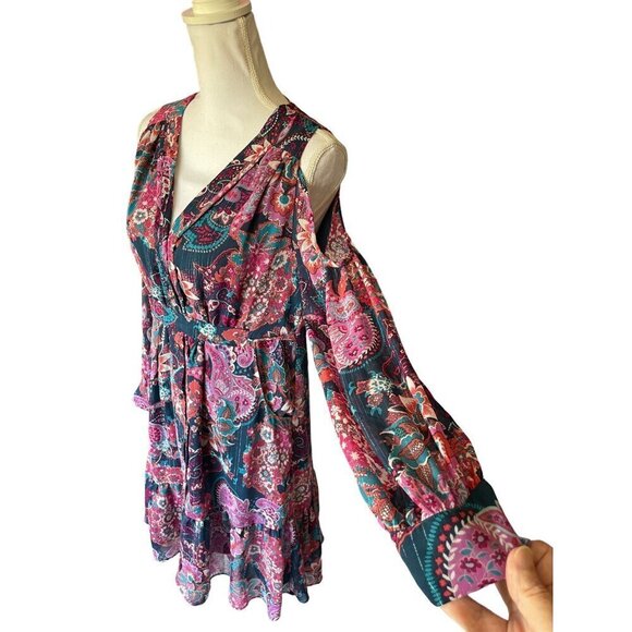 Aqua Women's Boho Dress Size M Floral Cold Shoulder Sheer Sleeves V-Neck Pockets - Picture 7 of 12